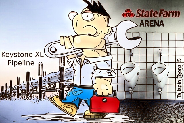 Image presenting a daily satire cartoon article post from Tailspin Toons February 6, 2021 titled "Plumbers Sent To Oversee Leakproof Pipeline Construction", about Joe Biden sending State Farem Arena plumbers to oversee the Keystone XL Pipeline that he reinstated to go forward. We hope you enjoy life's laughs, humor, revelry, satire and insights.