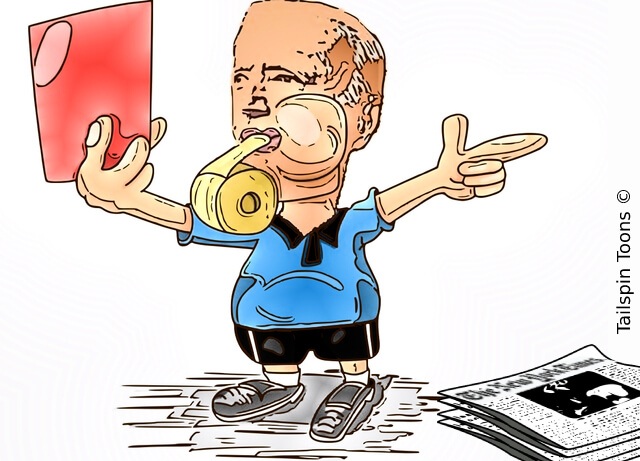 Image presenting a daily satire cartoon article post from Tailspin Toons February 8, 2021 titled "Biden Whistles Foul!", about Joe Biden’s multiple executive orders to simulate the economy without bipartisan support after promising to bring Democrats and Republicans together on economy stimulus. We hope you enjoy life's laughs, humor, revelry, satire and insights.