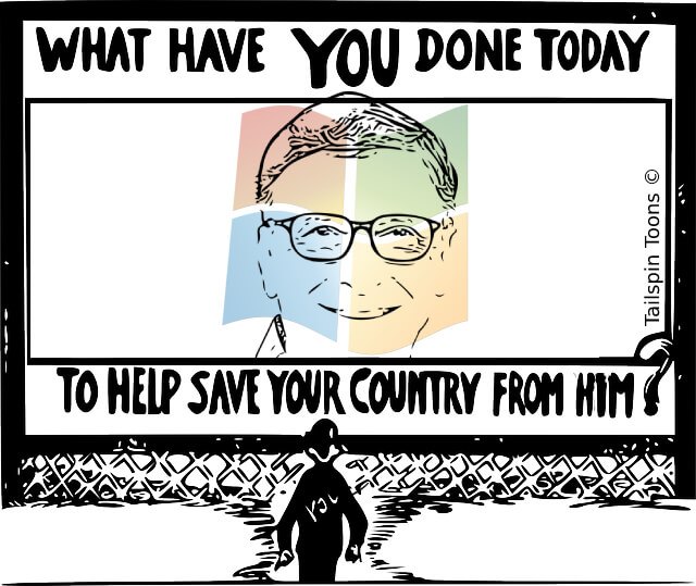 Image presenting a daily humor cartoon article post from Tailspin Toons February 27, 2021 titled "Nerdville, The Vaccinatopian Zeppelin", about an alternate world created just for Bill Gates. We hope you enjoy life's laughs, humor, revelry, satire and insights.