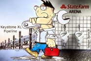 Featured image presenting a daily satire cartoon article post from Tailspin Toons February 6, 2021 titled "Plumbers Sent To Oversee Leakproof Pipeline Construction", about Joe Biden sending State Farem Arena plumbers to oversee the Keystone XL Pipeline that he reinstated to go forward. We hope you enjoy life's laughs, humor, revelry, satire and insights.