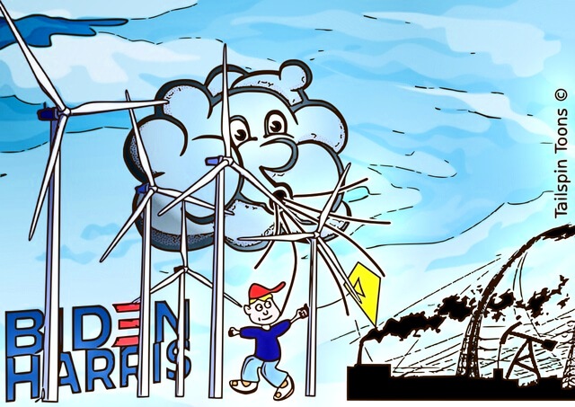 Image presenting a daily satire cartoon article post from Tailspin Toons February 24, 2021 titled "Hope Is In The Wind", about the Biden-Harris green energy plan potential to displace fossil fuels. We hope you enjoy life's laughs, humor, revelry, satire and insights.