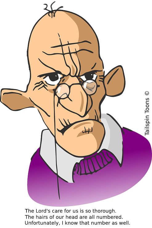 Image presenting a daily humor cartoon article post from Tailspin Toons February 13, 2021 titled "Life Is Grand", about bald men being able to count the hairs on their head, just like the Lord does.