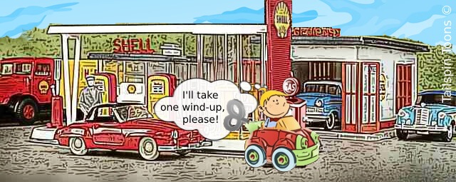 Image presenting a daily humor cartoon article post from Tailspin Toons February 26, 2021 titled "Shell Gasoline Enters The Wind Energy Market", about Shell's offering free wind-up service for your wind-up car. We hope you enjoy life's laughs, humor, revelry, satire and insights.
