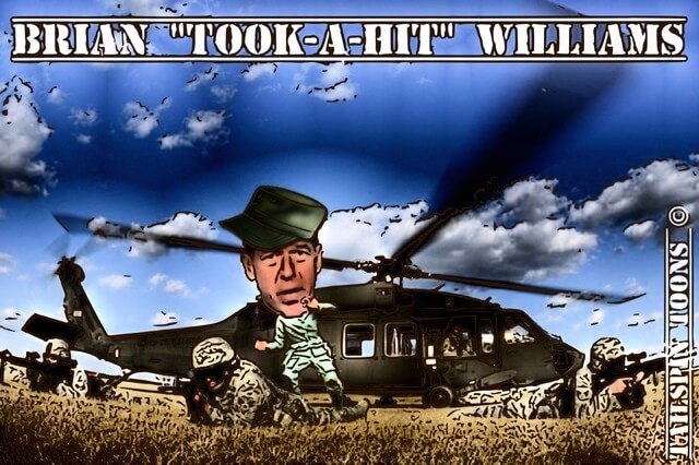 Image presenting a daily satire cartoon article post from Tailspin Toons March 8, 2021 titled "Brian Takes-A-Hit Williams Spins The News", about how Brian Williams of NBC who once claimed to have been hit in battle, spins the Covid-19 and presidential election news. We hope you enjoy life's laughs, humor, revelry, satire and insights.