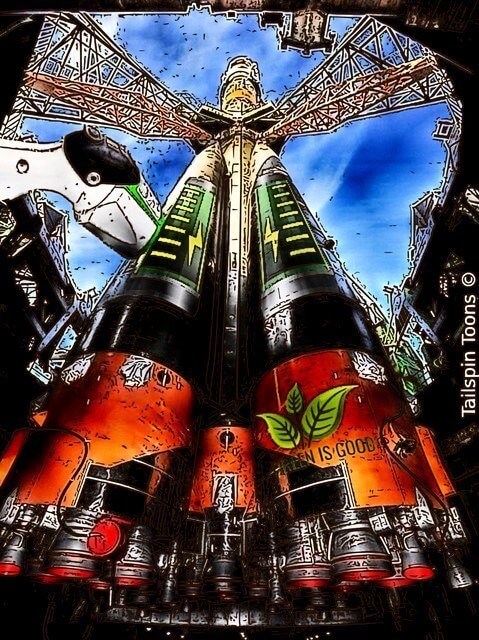 Image presenting a daily satire cartoon article post from Tailspin Toons March 10, 2021 titled "Green Energy, Battery Powered Space Rocket", about the power and emissions from sending the green energy, battery powered e-Mach 54/+- Greocket space rocket to the moon. We hope you enjoy life's laughs, humor, revelry, satire and insights.