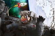 Featured image presenting a daily satire cartoon article post from Tailspin Toons March 6, 2021 titled "Is That McD’s In Space?", about discovering the McDonalds golden arches reflected in the helmet face shield of an astronaut in space. We hope you enjoy life's laughs, humor, revelry, satire and insights.