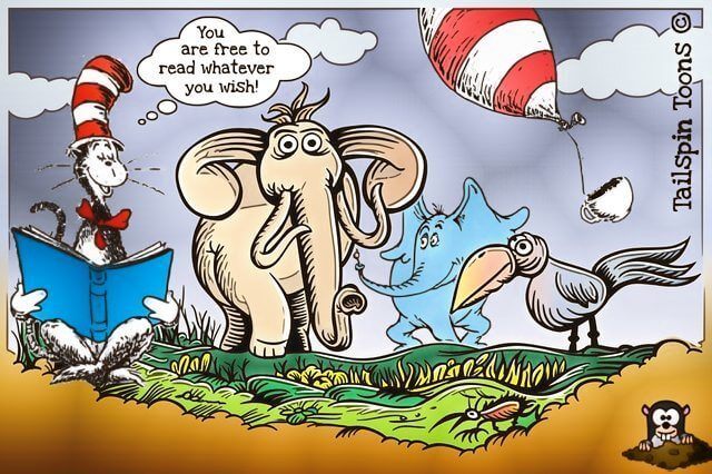 Image presenting a daily satire cartoon article post from Tailspin Toons March 13, 2021 titled "Read On, Read On And Invite Them Along", about your freedom to read whatever you wish regardless of what others think. We hope you enjoy life's laughs, humor, revelry, satire and insights.